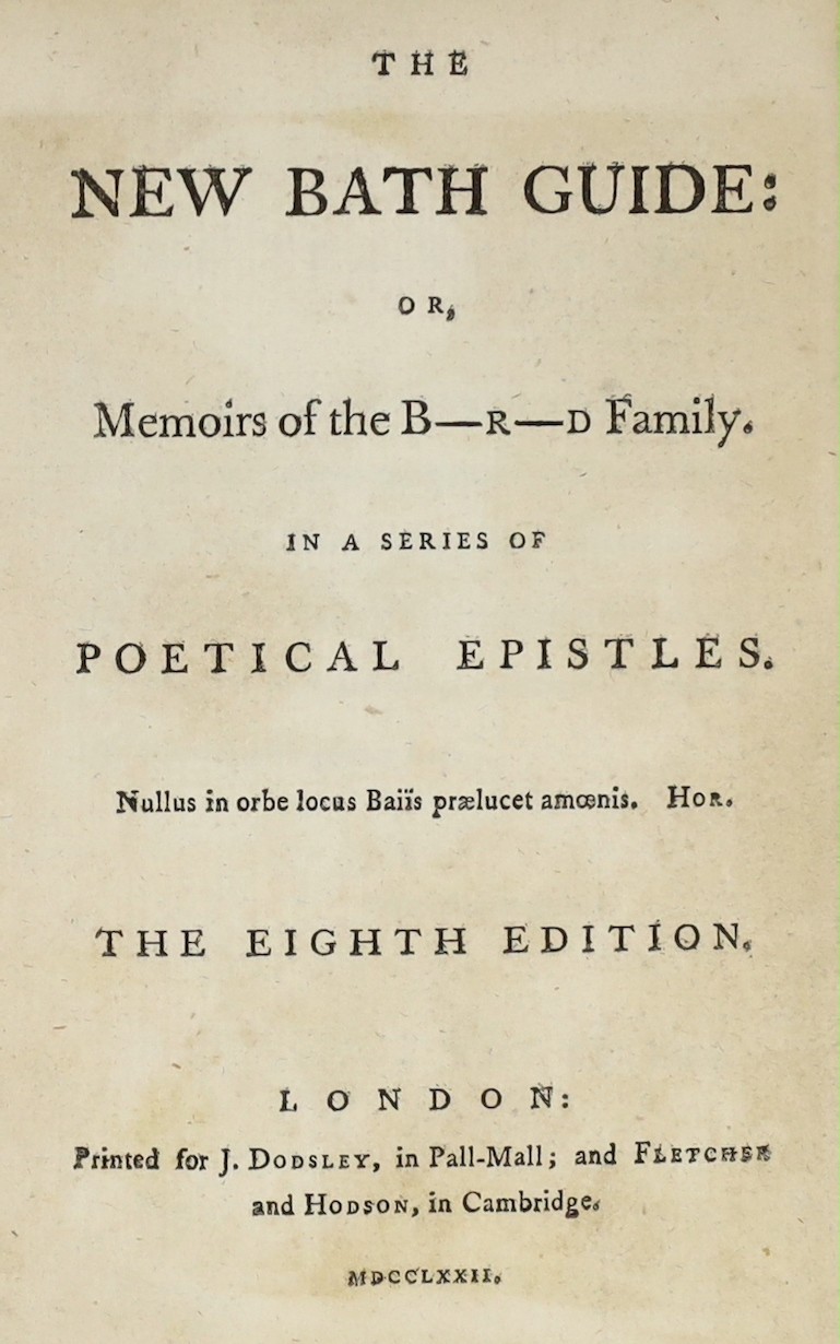 SOMERSET, BATH: (Anstey, Christopher) The New Bath Guide: or Memoirs of the B.N.R.D. Family. In a series of political epistles ... pictorial engraved title and 11 plates; old paperboards with later panelled calf spine, s